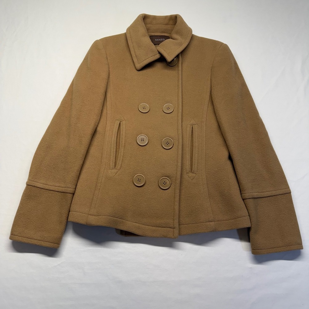 Mixed Wool Cashmere Peacoat Womens M Camel Double Breasted Jacket Belted Classic